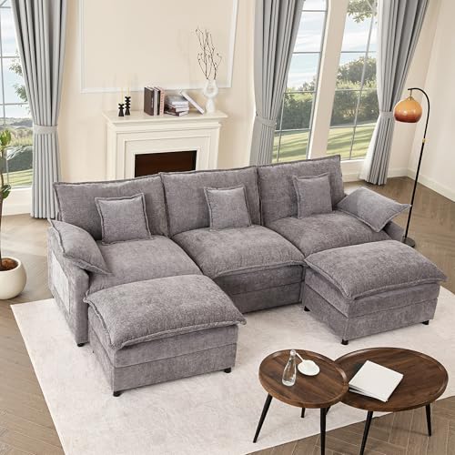 108" U-Shaped Modular Cloud Couch, Deep Seat, Chenille Slate | Cloud Comfort, Couches for Living Room, Removable & Machine-Washable Covers, Movable Ottoman, Modular Sectional Sofa