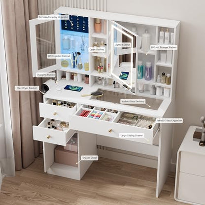 Makeup Vanity Desk with Mirror and Lights, White Vanity with Glass Top, view 3