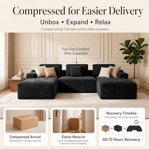 Boneless Modular Sectional Sofa, Left/Right-Facing Cloud Couch | Oversized deep seat, L-shaped design, soft corduroy fabric, ideal for living room, black.