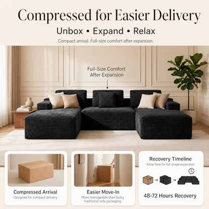 Boneless Modular Sectional Sofa, Left/Right-Facing Cloud Couch | Oversized deep seat, L-shaped design, soft corduroy fabric, ideal for living room, black.