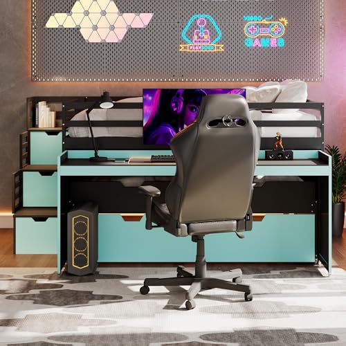 Full XL Loft Bed with Pull-Out Desk and Twin Trundle, 2 Storage Drawers and Storage Steps, Space-Saving Gaming & Workstation Bed Frame with Safety Guardrails for Kids Teens (Black+Blue/Full XL,80)