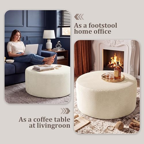 Round Ottoman,Corduroy Ottomans Foot Stool, 27.5" Pouf Footstool Ottomans Seat, Round Footrest, Modern Side Table for Living Room Bedroom Home Decor No Assembly Require (Beige, 27.5")