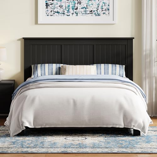 Wood Panel Headboard with Window-Pane Design, Queen Size, Black, Easy Assembly, view 2