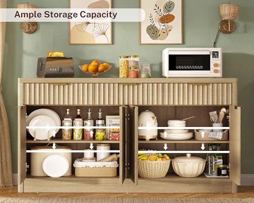 Large Buffet Cabinet with Storage & Drawers, Sideboard Cabinet with 2 Adjustable Shelves & 4 Doors, Coffee Bar Station, Kitchen Storage Cabinets, Natural