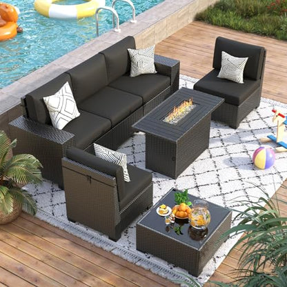 7 Piece Patio Furniture Set with Fire Pit Table, Outdoor Sectional Conversation Sets Black Wicker Rattan Sofa with Coffee Table for Patio Garden Backyard, 4'' Thickened Cushion Black