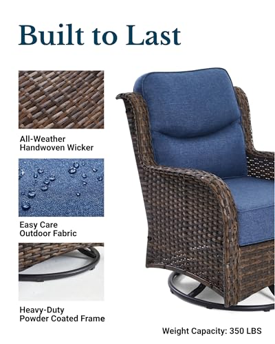 Luxury Outdoor Patio Furniture Set with 6-Inch Thick Cushions, High Back Wicker Swivel Rocker Chairs, 3 Pcs All Weather Chairs Set for Small Porch, Deck and Sunroom, Blue (V3)