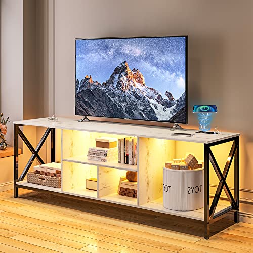 75 Inch TV Stand with LED Lights, Industrial Entertainment Center TV Console Table with Storage, LED TV Stands Cabinet with Charging Station for Living Room,Bedroom (White)