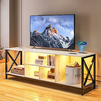 75 Inch TV Stand with LED Lights, Industrial Entertainment Center TV Console Table with Storage, LED TV Stands Cabinet with Charging Station for Living Room,Bedroom (White)