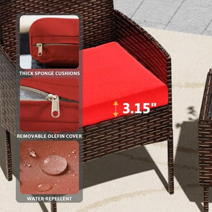 3 Pieces Patio Furniture Set, Outdoor Conversation Sets, Wicker Rattan Chairs for Garden Backyard Balcony Porch Poolside, Set with Glass Table and Soft Cushions (Brown+Red)