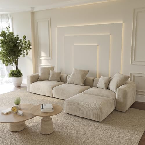 Cloud Couch Modular Sectional Sofa,141.73inch L Shaped Couch,Oversized Corduroy Couches with Ottoman and Pillows, Beige 4 Seaters Cushion Covers Removable& Washable