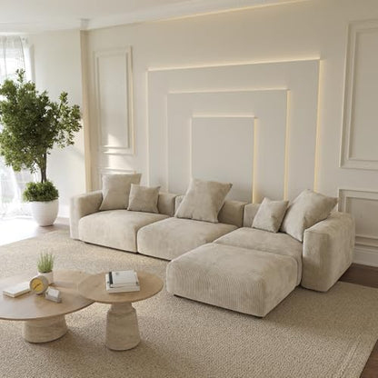 Cloud Couch Modular Sectional Sofa,141.73inch L Shaped Couch,Oversized Corduroy Couches with Ottoman and Pillows, Beige 4 Seaters Cushion Covers Removable& Washable