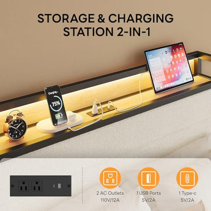 Full Bed Frame with Headboard, LED Lights and Charging Station, view 5