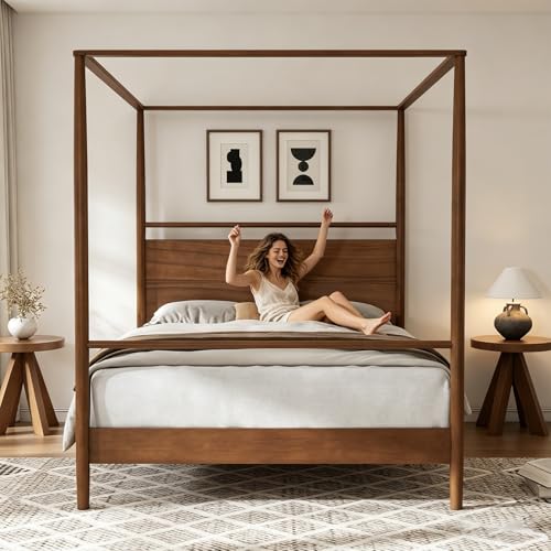 Walnut Solid Wood Canopy Bed Frame Queen Size with Four-Posters Headboard, view 2
