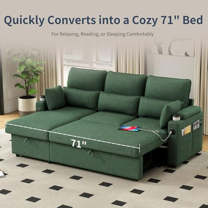 81" L-Shaped Sectional Sofa Couch, Pull-Out Sleeper Sofa Bed with Storage Chaise, Double Cup Holders, Dual USB Charging Ports, Couches for Living Room Apartment