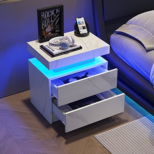 LED Nightstands, Modern End Side Table with 2 Drawers, LED Bedroom Furniture for Bedroom and Living Room, White Marble Pattern