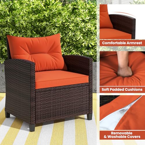 3 Pieces Patio Furniture Set, Outdoor Wicker Conversation Set Rattan Chairs with Cushions, Glass Coffee Table, Bistro Set for Front Porch Balcony Garden Deck Poolside (Orange)
