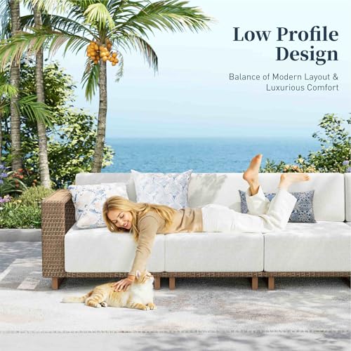 L Shaped Patio Furniture, Outdoor Sectional Sofa with 10''Ultra-Thick Cushions, Yellow Rattan Wicker Patio Conversation Set, Low Profile Lawn Garden Backyard Furniture