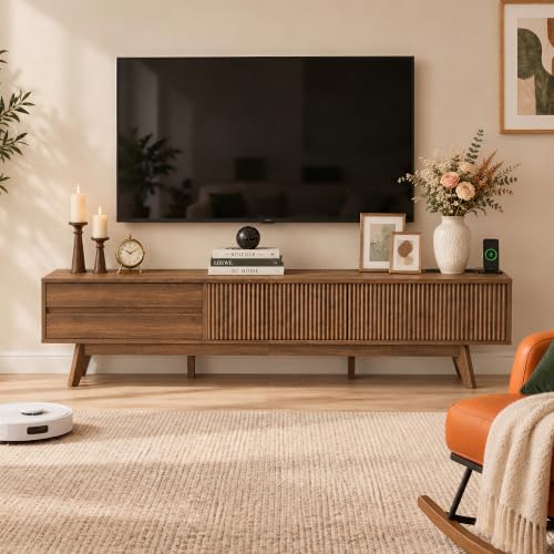78" Fluted TV Stand with Power Outlet, Living Room TV Stand Walnut, view 8