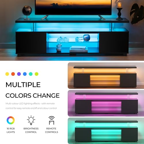 Black TV Stand,LED TV Stand for Living Room,Glass Entertainment Center TV Stand, TV Console Tables for Living Room,Bedroom,Home Office