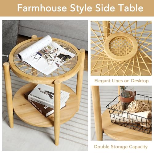 Rattan Nightstands Set of 2,Boho Wood Round Side Tables, 2-Tier Natural End Table with Glass Top and Wood Legs, Sofa Side Table Bedside Table for Living Room Bedroom Couch(Natural)