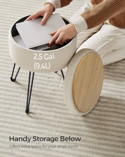 SONGMICS Vanity Stool Chair, Small Ottoman Stool with Storage, Vanity Chair, 15.4 Dia. x 17.4 Inches, 4 Metal Legs, for Makeup Room, for Living Room, Bedroom, Cream White ULOM002W01