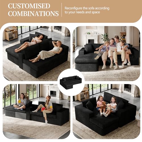 105" Boneless Couches for Living Room, Sectional Couches Modular Sofa with L-Shaped Chaise, Memory Foam Comfy Cloud Couch with Plush Corduroy Fabric, No Assembly Required, Black