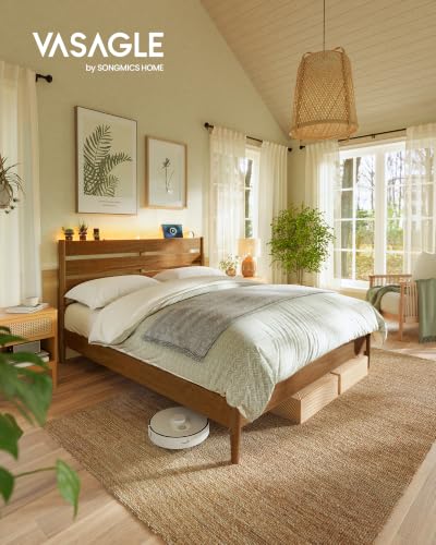 Queen Bed Frame, Wood Platform Bed with Headboard Storage Shelf, view 4