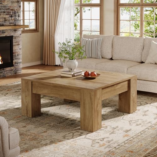 Tribesigns Farmhouse Square Coffee Table, 39-Inch Wooden Coffee Table with Sturdy Legs, Rustic Accent Center Table for Living Room, Easy Assembly, Light Brown