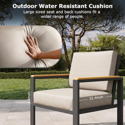 5-Piece Patio Furniture Set with 28” Propane Fire Pit Table, Heavy-Duty Metal Outdoor Conversation Set with Deep Cushions & Wood-Like Armrests for Patio, Porch, Backyard, Garden – Brown