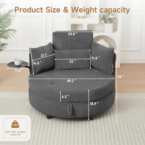 Oversized Chaise Lounge Chair Indoor with Hidden Storage & 270° Rotating Side, view 3