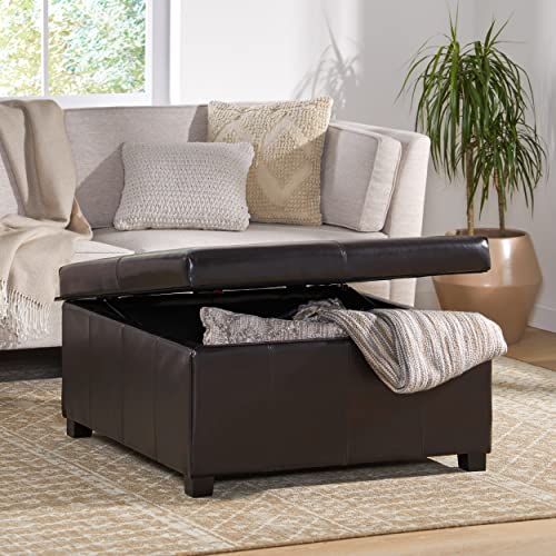 Living Berkeley Brown Leather Square Storage Ottoman, Espresso