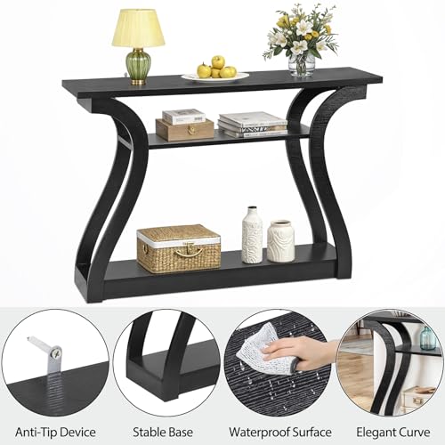 47 in Narrow Console Table, 3 Tier Entryway Table, Wood Sofa Table Decorative Hallway Table with Shelves, Curved Frame for Living Room Front Door Entrance (Black, Flat Surface)