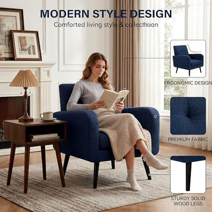 Modern Accent Chairs, Upholstered Fabric Cozy Armchairs, Living Room Side Chair with Solid Wood Legs, Blue
