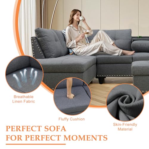 Sectional Sofa Couch, Modern 4-Seaters Living Room Furniture Sets with Chaise Lounge, Ottoman & 2 Pillows | L Shape Couch | Cup Holder | Linen Fabric, Dark Gray
