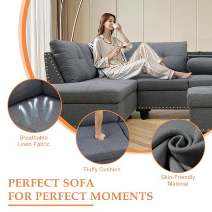 Sectional Sofa Couch, Modern 4-Seaters Living Room Furniture Sets with Chaise Lounge, Ottoman & 2 Pillows | L Shape Couch | Cup Holder | Linen Fabric, Dark Gray