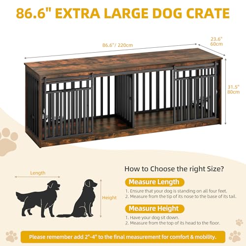 86.6" Double Dog Crate Furniture with 4 Dog Bowls, view 5