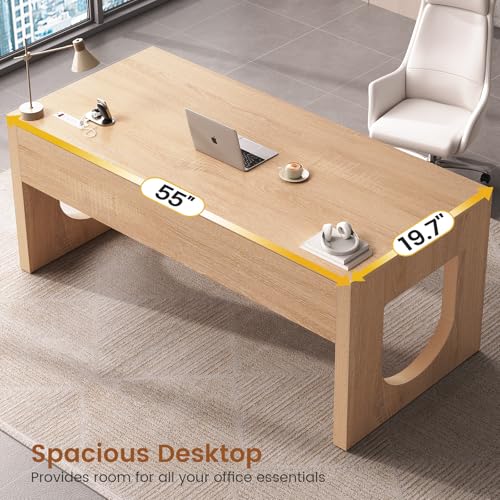 Modern Office Desk with 3 Drawers, 55" Executive Desk with U-Shaped Legs, Wood Computer Desk with Power Outlet, Home Office Desks with Relief Texture, Natrual