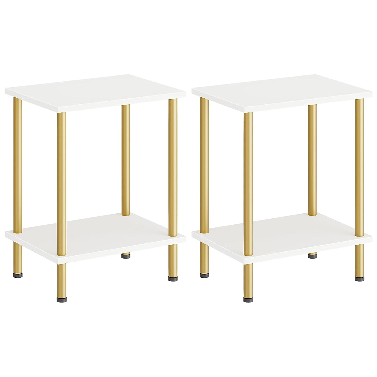 End Tables Set of 2, Small Side Table, Nightstand with 2-Layer Storage Shelves, Sofa Table for Small Spaces, Living Room, Bedroom, Stable Frame, Easy Assembly, White and Gold DW09BZP201