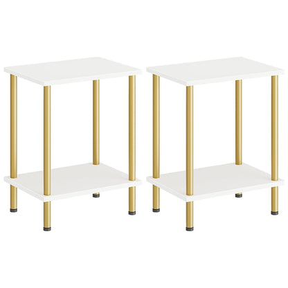 End Tables Set of 2, Small Side Table, Nightstand with 2-Layer Storage Shelves, Sofa Table for Small Spaces, Living Room, Bedroom, Stable Frame, Easy Assembly, White and Gold DW09BZP201