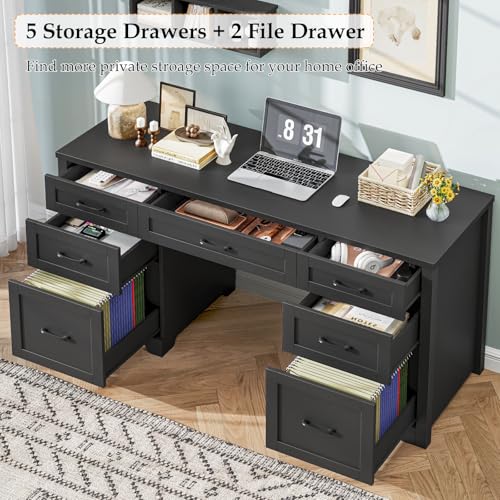 Farmhouse 61'' Executive Desk with 7 Drawers, Rustic Office Desk Computer Table with File Drawers, Wood Workstation for Study and Home Office,Pure Black