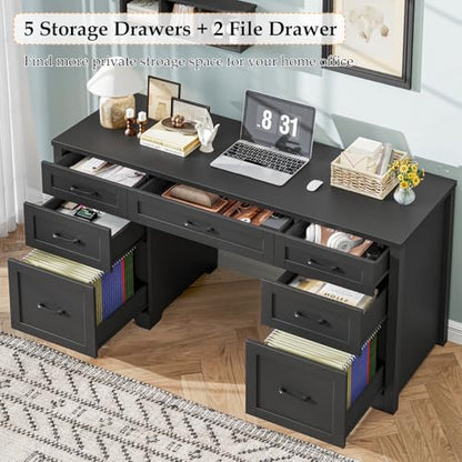 Farmhouse 61'' Executive Desk with 7 Drawers, Rustic Office Desk Computer Table with File Drawers, Wood Workstation for Study and Home Office,Pure Black