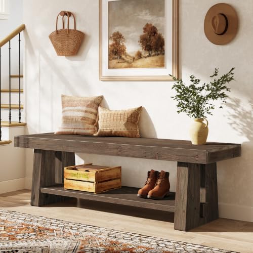 63'' Solid Wood Entryway Bench with Open Shelves, 2-Tier End of Bed Bench, Farmhouse Wooden Bench Indoor for Dining Room, Living Room, Hallway, Bedroom