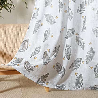 Floral Sheer Curtains - Linen Textured, Leaves Print Embroidery Boho Curtains Grommet Top Durable View Through for Teens Bedroom, Kitchen, Living Room, W 50" x L 84", 2 Panels, White