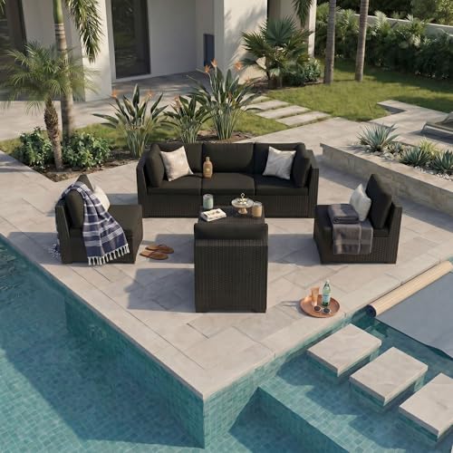 7-Piece Patio Furniture Set, All-Weather PE Rattan Outdoor Sectional Sofa, Modular Wicker Conversation Set with Thick Washable & Easy-Clean Coffee Table（Black/Black-X）