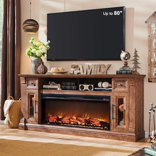 70" Farmhouse Fireplace TV Stand for TVs Up to 80", Reclaimed Barnwood | 42" Electric Fireplace, Color Changing Flame, 2 Open Cubbies, 2 Spacious Drawers, LED Glass Door Cabinets, Retro Handles