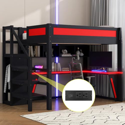 JIVOIT Full Size Gaming Loft Bed Frame with Desk, Wardrobe, Side Ladder, Shelves (Black+Red/ 66)