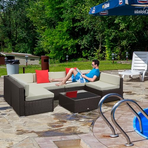 7 Piece Patio Furniture Set, Wicker Outdoor Sectional Sofa Set, All Weather PE Rattan Outdoor Furniture Conversation Sets with Cushions, Glass Top Coffee Table, Pillows, Cream White