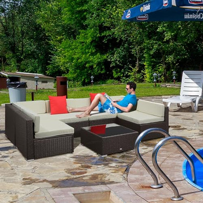 7 Piece Patio Furniture Set, Wicker Outdoor Sectional Sofa Set, All Weather PE Rattan Outdoor Furniture Conversation Sets with Cushions, Glass Top Coffee Table, Pillows, Cream White