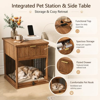 3-in-1 Dog Crate End Table with Charging Station & Drawer (Antique Brown), view 6