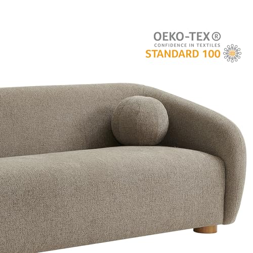 Holland 85 Inch Minimalist Curved Back Sofa in Taupe – Chenille Fabric Sofa with Ball Throw Pillows and Wood Feet – Modern 3-Seater Couch for Living Room